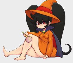 Rule 34 | 1girl, alternate costume, ashley (warioware), barefoot, big hair, black hair, breasts, candy, cape, closed mouth, dress, feet, female focus, food, grey background, hair between eyes, halloween costume, hat, holding, holding candy, holding food, holding lollipop, lollipop, long hair, long sleeves, looking at viewer, mato spectoru, nintendo, orange dress, orange hat, red eyes, sidelocks, simple background, sitting, skull, small breasts, solo, swirl lollipop, thick thighs, thighs, toes, twintails, very long hair, warioware, witch hat