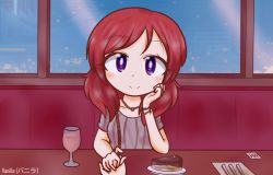 Rule 34 | 1girl, artist name, artist request, blush, cake, carrying, carrying bag, chibi, female focus, food, grey shirt, hair between eyes, holding hands, jewelry, looking at viewer, love live!, love live! school idol festival, love live! school idol project, necklace, nishikino maki, parted lips, purple eyes, red hair, shirt, short hair, smile, solo, table, vanilla kunikida