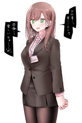 Rule 34 | 1girl, @ @, april fools, black jacket, black pantyhose, black skirt, brown hair, business suit, collared shirt, commentary request, cowboy shot, formal, green eyes, gusset, hair between eyes, hair in own mouth, highres, jacket, long hair, looking afar, miniskirt, office lady, ol-chan (oouso), oouso, open mouth, original, pantyhose, pencil skirt, pink shirt, shirt, sidelocks, skirt, solo, stress, suit, sweat, tearing up, tears, thighs, translated, trembling, white background