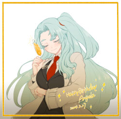 Rule 34 | 1girl, angela (project moon), black jacket, blue hair, champagne flute, closed eyes, closed mouth, coat, collared shirt, cup, drinking glass, facing viewer, holding, holding cup, jacket, lab coat, lobotomy corporation, long hair, necktie, one side up, project moon, red necktie, shirt, solo, uchimura (rino0525), upper body, very long hair, white coat, white shirt