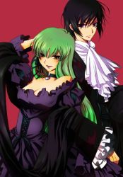 Rule 34 | 00s, 1boy, 1girl, bare shoulders, blush, breasts, c.c., choker, cleavage, code geass, couple, dress, green hair, large breasts, lelouch vi britannia, long hair, strapless, strapless dress, yellow eyes