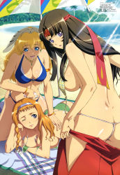 Rule 34 | 00s, 3girls, absurdres, ass, beach, between breasts, bikini, black hair, blonde hair, blue eyes, braid, breasts, butt crack, captain of the royal guard elina, cleavage, cloud, day, elina (queen&#039;s blade), elina (queen's blade), exiled warrior leina, hairband, headband, highres, japanese clothes, jewelry, large breasts, leina (queen&#039;s blade), leina (queen's blade), long hair, lotion, megami magazine, miko, miyazawa tsutomu, multiple girls, musha miko tomoe, necklace, ocean, official art, one eye closed, outdoors, panties, parasol, purple eyes, queen&#039;s blade, saliva, siblings, sideboob, sisters, sky, smile, swimsuit, thong, thong bikini, tomoe (queen&#039;s blade), tomoe (queen's blade), umbrella, underwear, undressing, water, wink