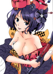 Rule 34 | 1girl, bare shoulders, black hair, blue eyes, breasts, calligraphy brush, cleavage, fate/grand order, fate (series), flower, giant brush, hair flower, hair ornament, hairpin, japanese clothes, katsushika hokusai (fate), kimono, kororiya, large breasts, looking at viewer, open mouth, paintbrush, short hair, sketch, smile, solo, white background
