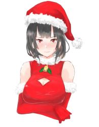 Rule 34 | 10s, 1girl, alternate costume, bad id, bad twitter id, bell, black hair, blush, bobblehat, breasts, cleavage, cleavage cutout, clothing cutout, crying, crying with eyes open, detached sleeves, elbow gloves, gloves, hat, kantai collection, keionism, large breasts, looking at viewer, nose blush, red eyes, red gloves, santa costume, santa hat, short hair, simple background, sleeveless, solo, sweatdrop, takao (kancolle), tears, upper body, white background