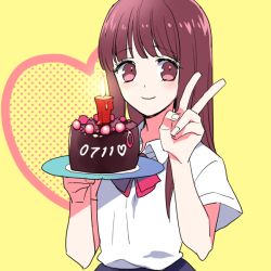 Rule 34 | 1girl, brown eyes, cake, food, gum (gmng), happy birthday, heart, heart background, long hair, sayono-kun, school uniform, seitokaichou to sayono-kun, v
