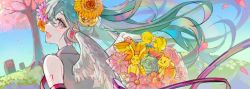 Rule 34 | 1girl, ai kotoba ii (vocaloid), aqua hair, blue sky, blush, bouquet, cherry blossoms, detached sleeves, falling petals, feathered wings, floating hair, flower, from behind, green eyes, grey shirt, hair flower, hair ornament, hatsune miku, headset, long hair, looking back, lunar (lunar 815), open mouth, outdoors, petals, pink eyes, shirt, sky, sleeveless, sleeveless shirt, smile, solo, sunflower, sunflower hair ornament, tree, twintails, very long hair, vocaloid, wings