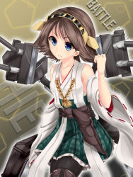 Rule 34 | 10s, 1girl, bad id, bad pixiv id, bare shoulders, black pantyhose, blue eyes, brown hair, detached sleeves, grin, hairband, headgear, hiei (kancolle), highres, japanese clothes, kantai collection, mokufuu, pantyhose, short hair, skirt, smile, solo, turret