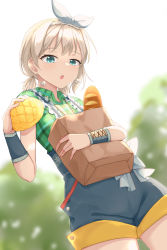 Rule 34 | 1girl, :o, alternate hairstyle, aoba moca, bag, bang dream!, blue eyes, blue overalls, blurry, blurry background, bow, bread, buttons, coldcat., collared shirt, commentary, cowboy shot, dutch angle, earrings, food, frills, green shirt, grey hair, hairband, heart, heart earrings, highres, holding, holding bag, holding food, jewelry, looking at viewer, low twintails, melon bread, open mouth, overall shorts, overalls, plaid, plaid shirt, shirt, shopping bag, short hair, short sleeves, sidelocks, solo, standing, twintails, white bow, white hairband, wristband