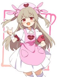 Rule 34 | 1girl, absurdres, apron, arm behind back, bandaged arm, bandages, center frills, collared shirt, cowboy shot, dress, frilled dress, frills, grey hair, hair ornament, hat, highres, inset border, legs apart, long bangs, long hair, looking at viewer, natori sana, nurse cap, outline, outside border, pink apron, pleated dress, puffy short sleeves, puffy sleeves, rabbit hair ornament, red eyes, sana channel, shirt, short sleeves, sidelocks, simple background, solo, thighhighs, two side up, v-shaped eyebrows, virtual youtuber, white background, white dress, white outline, white thighhighs, zettai ryouiki, zungurimukkuri tarou
