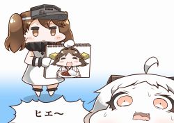 Rule 34 | 3girls, abyssal ship, ahoge, alternate costume, brown eyes, brown hair, colored skin, comic, cosplay, curry, curry rice, dress, food, hair ornament, hiei (kancolle), horns, kantai collection, long hair, looking at viewer, mittens, multiple girls, northern ocean hime (cosplay), northern ocean princess, open mouth, pale skin, red eyes, rice, ryuujou (kancolle), sleeveless, sleeveless dress, tanaka kusao, white dress, white hair, white skin