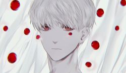 Rule 34 | 1boy, albino, bad id, bad twitter id, beads, blood, blood drop, closed mouth, curtains, eyelashes, frown, hair over eyes, hanes 025, korean commentary, looking at viewer, original, pale skin, portrait, red eyes, short hair, solo, spot color, white hair