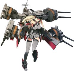 Rule 34 | 1girl, bismarck (kancolle), bismarck zwei (kancolle), blonde hair, boots, breasts, brown gloves, cannon, detached sleeves, full body, gloves, grey eyes, grey footwear, grey thighhighs, hat, kantai collection, large breasts, long hair, mecha musume, official art, open mouth, peaked cap, shimada fumikane, solo, thighhighs, transparent background