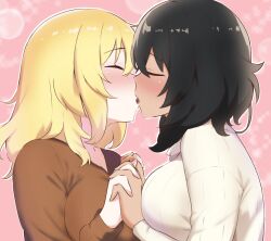 Rule 34 | 2girls, amogan, andou (girls und panzer), black hair, blonde hair, blush, breasts, closed eyes, commentary request, dark-skinned female, dark skin, french kiss, girls und panzer, holding hands, kiss, large breasts, long hair, long sleeves, medium hair, messy hair, multiple girls, oshida (girls und panzer), outline, standing, sweater, tongue, white outline, yuri