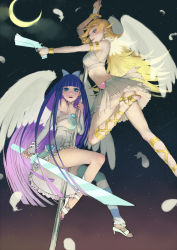 Rule 34 | 10s, 2girls, angel, angel wings, back lace, blonde hair, blue eyes, blush, corset, crescent moon, feathers, gun, heart, high heels, highres, hiku (unchi), lips, moon, multicolored hair, multiple girls, nail polish, night, panty &amp; stocking with garterbelt, panty (psg), pole, sandals, shoes, siblings, single thighhigh, sisters, skirt, stocking (psg), striped legwear, stripes i &amp; ii, sword, thighhighs, weapon, wings