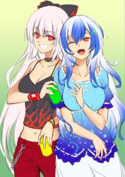 Rule 34 | 2girls, ;d, alternate costume, black shirt, blouse, blue shirt, blue hair, bow, bracelet, breasts, can, chain, collar, collarbone, commentary request, flat color, fujiwara no mokou, grin, hair between eyes, hair bow, hair ornament, hairclip, hijikawa arashi, holding, holding can, jewelry, kamishirasawa keine, large breasts, long hair, looking at viewer, midriff, multicolored hair, multiple girls, one eye closed, open mouth, pants, red eyes, red pants, shirt, sketch, skirt, smile, tank top, touhou, two-tone hair, very long hair, white hair, white skirt, wristband