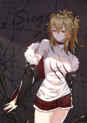 Rule 34 | 1girl, animal ear fluff, animal ears, arknights, bare shoulders, black choker, black jacket, breasts, brown eyes, brown hair, character name, choker, cleavage, collarbone, commentary, cowboy shot, crack, cracked wall, cutoffs, fur-trimmed jacket, fur trim, hair between eyes, highres, jacket, lion ears, lion tail, long hair, long sleeves, medium breasts, off shoulder, open clothes, open jacket, ponytail, red shorts, short shorts, shorts, sidelocks, siege (arknights), solo, standing, tail, tank top, thighs, white tank top, xion32