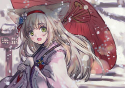Rule 34 | 1girl, animal ear fluff, animal ears, arknights, blonde hair, blush, commentary, flower, fox ears, fox girl, green eyes, hair flower, hair ornament, hairband, japanese clothes, kimono, long sleeves, looking at viewer, official alternate costume, oil-paper umbrella, open mouth, pink kimono, pinwheel, red hairband, red umbrella, sn2k, solo, suzuran (arknights), suzuran (yukibare) (arknights), umbrella, upper body