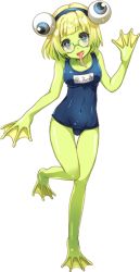 Rule 34 | 1girl, anura (monster musume), artist request, blonde hair, blue hairband, colored skin, competition school swimsuit, extra eyes, frog girl, full body, glasses, green eyes, green skin, hairband, long tongue, monster girl, monster musume no iru nichijou, monster musume no iru nichijou online, official art, open mouth, school swimsuit, solo, swimsuit, tongue, transparent background, webbed feet, webbed hands