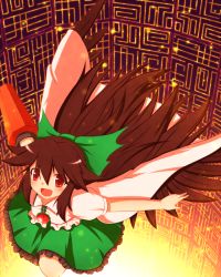 Rule 34 | 1girl, arm cannon, blush, bow, brown hair, cape, control rod, female focus, hair bow, red eyes, reiuji utsuho, skirt, smile, solo, ten203159, thighhighs, third eye, touhou, weapon, wings