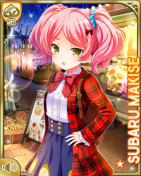 Rule 34 | 1girl, :o, blouse, blue skirt, bow, character name, coat, girlfriend (kari), hair ornament, lights, makise subaru, open mouth, outdoors, pink hair, plaid, plaid coat, qp:flapper, red bow, red coat, shirt, skirt, standing, tagme, thighhighs, twintails, white shirt, winter clothes, winter coat, yellow eyes