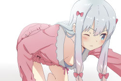 Rule 34 | 10s, 1girl, all fours, barefoot, blush, bow, breasts, closed mouth, downblouse, eromanga sensei, grey hair, hair bow, izumi sagiri, long hair, long sleeves, looking to the side, nipple slip, nipples, no bra, one eye closed, pajamas, simple background, small breasts, solo, white background, wumumu