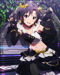Rule 34 | 10s, 1girl, :d, antenna hair, black eyes, black gloves, black hair, blush, chain, choker, crop top, detached sleeves, fingerless gloves, gloves, idolmaster, idolmaster (classic), idolmaster million live!, kikuchi makoto, leaf, looking at viewer, midriff, navel, official art, open mouth, pantyhose, short hair, smile, solo, standing