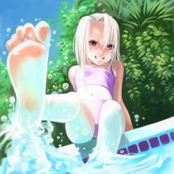 Rule 34 | 1girl, barefoot, bikini, bush, child, day, dutch angle, fate/stay night, fate (series), feet, foot focus, foreshortening, grin, illyasviel von einzbern, kicking, navel, official alternate costume, outdoors, pool, poolside, red eyes, reflection, sitting, smile, soaking feet, soles, solo, splashing, swimsuit, tankini, toes, water, wet, white hair