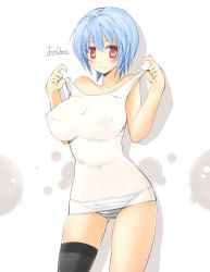 Rule 34 | 1girl, alternate breast size, asymmetrical clothes, ayanami rei, blue hair, blush, breasts, dama, huge breasts, neon genesis evangelion, panties, red eyes, see-through, single thighhigh, solo, striped clothes, striped panties, thighhighs, underwear