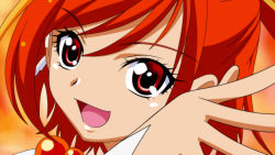 Rule 34 | 1girl, :d, anime coloring, blurry, blurry background, cure sunny, damascus (dearigazu2001), hair between eyes, highres, hino akane (smile precure!), open mouth, ponytail, portrait, precure, red eyes, red hair, short hair, smile, smile precure!, solo