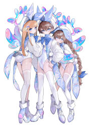 Rule 34 | 3girls, aano (10bit), absurdres, animal ears, ass, asymmetrical legwear, blonde hair, blue bow, blue footwear, blue ribbon, blue wings, boots, bow, braid, brown hair, commentary request, detached wings, fake animal ears, full body, hair ornament, hair ribbon, hairclip, halo, high heel boots, high heels, highres, jacket, leotard, long hair, long sleeves, looking at viewer, looking back, multiple girls, original, puffy long sleeves, puffy sleeves, rabbit ears, rabbit tail, ribbon, shoes, simple background, single sock, single thighhigh, socks, standing, tail, thighhighs, twin braids, very long hair, white background, white jacket, white leotard, white thighhighs, wings, x hair ornament