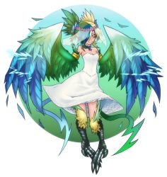 Rule 34 | 1girl, bare shoulders, blonde hair, blue hair, breasts, choker, digitigrade, dress, electricity, feathered wings, feathers, green hair, hair over one eye, harpy, head wreath, looking at viewer, magnifire, monster girl, monster girl encyclopedia, multicolored hair, multicolored wings, pointy ears, small breasts, smile, solo, strapless, strapless dress, talons, thunderbird (monster girl encyclopedia), veil, white dress, winged arms, wings