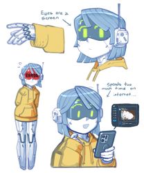 Rule 34 | 1girl, cameron sewell, cat, cellphone, english text, error message, green eyes, highres, holding, holding phone, hood, hoodie, humanoid robot, joulie (cameron sewell), meme, multiple views, original, phone, radio antenna, robot, smartphone, visor, white background, yellow hoodie