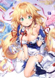 Rule 34 | absurdres, ahoge, azur lane, bare shoulders, blonde hair, blush, breasts, cleavage, unworn clothes, collar, collarbone, earrings, garter straps, gloves, green eyes, highres, jewelry, le temeraire (azur lane), long hair, medium breasts, open mouth, riichu, scan, simple background, sitting, thighhighs, white thighhighs