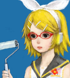 Rule 34 | 1girl, bad id, bad pixiv id, bare shoulders, bespectacled, black eyes, blonde hair, daisy, eyelashes, flower, glasses, glowing, hair ornament, hair ribbon, hairclip, headphones, kagamine rin, lips, paint roller, ponsuke (pon00000), red-framed eyewear, ribbon, roller, sailor collar, short hair, simple background, solo, vocaloid