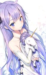 Rule 34 | 1girl, absurdres, ahoge, azur lane, bare shoulders, black bow, black ribbon, blush, bow, collarbone, commentary request, detached sleeves, dress, dutch angle, hair ribbon, halterneck, highres, long hair, long sleeves, looking at viewer, hugging object, parted lips, pdxen, purple eyes, purple hair, ribbon, sidelocks, sleeves past wrists, smile, solo, star (symbol), stuffed animal, stuffed pegasus, stuffed toy, stuffed winged unicorn, unicorn (azur lane), very long hair, white background, white dress