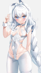 Rule 34 | 1girl, absurdres, animal ear fluff, animal ears, arm behind back, arm up, azur lane, blue eyes, blush, braid, breasts, crotchless, crotchless pantyhose, fake animal ears, grey background, groin, highleg, highleg leotard, highres, holding ear, le malin (azur lane), le malin (listless lapin) (azur lane), leotard, long hair, looking at viewer, official alternate costume, pantyhose, playboy bunny, rabbit ears, seele0907, silver hair, simple background, small breasts, solo, thighs, twin braids, twintails, very long hair, white leotard, white pantyhose, wrist cuffs