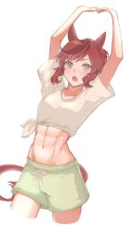 Rule 34 | 1girl, abs, alternate costume, alternate hairstyle, animal ears, ao (jiyou), arms up, blush, brown eyes, commentary request, cowboy shot, gaze on me! outfit (umamusume), green shorts, highres, horse ears, horse girl, horse tail, medium hair, midriff, multicolored hair, muscular, muscular female, navel, nice nature (umamusume), open mouth, ponytail, red hair, shirt, shorts, simple background, solo, streaked hair, tail, tied shirt, umamusume, white background, white shirt