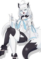 Rule 34 | 1girl, ahoge, animal ear fluff, animal ears, animal nose, black footwear, black shorts, blue neckerchief, boots, breasts, center opening, cleavage, cleavage cutout, clothing cutout, collarbone, crossed legs, detached sleeves, fangs, floating hair, fox ears, fox girl, fox shadow puppet, fox tail, furrification, furry, furry female, highres, hololive, hood, hood down, hoodie, invisible chair, long hair, low ponytail, neckerchief, one eye closed, open mouth, shadow, shirakami fubuki, shirakami fubuki (1st costume), shorts, single thighhigh, sitting, sleeveless, sleeveless hoodie, small breasts, smile, snout, solo, sparxel, star (symbol), tail, thighhighs, very long hair, virtual youtuber, white background, white hair