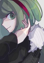 Rule 34 | 1girl, black dress, child, close-up, closed mouth, danganronpa (series), danganronpa another episode: ultra despair girls, dress, ears, eyebrows, eyelashes, female focus, gradient background, green eyes, green hair, grey background, hairband, headband, highres, long sleeves, looking at viewer, matching hair/eyes, multicolored background, red hairband, red headband, red headwear, simple background, skeleton print, solo, towa monaca, white background
