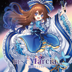 Rule 34 | 1girl, album cover, album name, alternate costume, blue bow, blue bowtie, blue butterfly, blue eyes, blue nails, blush, bow, bowtie, brown hair, bug, butterfly, commentary request, cover, detached sleeves, frilled bow, frilled skirt, frilled sleeves, frills, hair bow, hakurei reimu, highres, holding, holding microphone, insect, kyouda suzuka, long hair, looking at viewer, microphone, open mouth, second-party source, skirt, smile, solo, teeth, touhou, upper teeth only, wide sleeves, yuuhei satellite