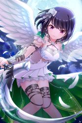 Rule 34 | 1girl, alternative girls, angel wings, black hair, breasts, cleavage, closed mouth, dress, feathers, flower, full moon, hair flower, hair ornament, heart, heart necklace, highres, holding, holding weapon, looking at viewer, moon, necklace, night, night sky, official art, onitsuka chiho, red eyes, short hair, sky, smile, solo, weapon, white dress, white feathers, wings