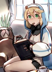 Rule 34 | 1boy, akisa yositake, androgyne symbol, black gloves, black skirt, blonde hair, blue hoodie, blush, book, bridget (guilty gear), commentary request, cookie, couch, cup, dress, fingerless gloves, food, gloves, green eyes, guilty gear, guilty gear strive, hair between eyes, holding, holding book, hood, hood up, hoodie, indoors, long sleeves, looking at viewer, male focus, mouth hold, on couch, open book, puffy long sleeves, puffy sleeves, roger (guilty gear), seiza, sitting, skirt, solo, stuffed animal, stuffed toy, teacup, teddy bear, trap, twitter username, yellow dress