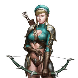 Rule 34 | 1girl, absurdres, armor, belt, blonde hair, bow (weapon), braid, brown belt, brown gloves, brown panties, cleavage cutout, closed mouth, clothing cutout, commentary, cowboy shot, crop top, english commentary, faulds, gloves, green eyes, green headwear, highres, holding, holding bow (weapon), holding weapon, lips, long sleeves, looking at viewer, medium hair, navel, official art, panties, parted bangs, pointy ears, quiver, r2 online, shoulder armor, side braid, sidelocks, simple background, solo, sweater, turtleneck, turtleneck sweater, underwear, weapon, white background, woojoo
