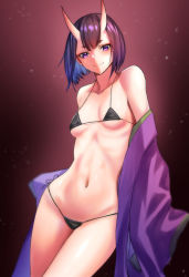 Rule 34 | absurdres, bad id, bad pixiv id, belly, bikini, blush, breasts, commentary request, fate/grand order, fate (series), hair between eyes, highres, horns, looking at viewer, navel, oni, purple eyes, purple hair, reon (dainagon azuki), short hair, shuten douji (fate), skin-covered horns, swimsuit, thighs
