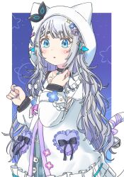 Rule 34 | 1girl, and uge, bell, black bow, blue eyes, blue flower, blue nails, blunt bangs, blush, bow, circle facial mark, commentary, commentary request, cowboy shot, dress, dress bow, fingernails, flower, frilled dress, frills, grey hair, hair flower, hair ornament, hairclip, highres, hood, hood up, ikacho ( ika cho), jingle bell, long hair, looking at viewer, medium bangs, nanashi inc., open mouth, solo, star (symbol), star hair ornament, symbol-only commentary, thick eyebrows, very long hair, virtual youtuber, wavy hair, white dress