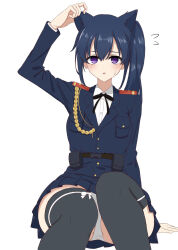 Rule 34 | 1girl, aiguillette, animal ears, arm at side, arm up, assault lily, belt, belt pouch, black belt, black ribbon, black thighhighs, blue hair, blue skirt, bow, breast pocket, breasts, buckle, buttons, cat ears, collared shirt, epaulettes, feet out of frame, flying sweatdrops, hair between eyes, hand on own ear, high ponytail, highres, invisible chair, ishikawa aoi, kemonomimi mode, large breasts, light blush, long hair, long sleeves, looking at viewer, miniskirt, neck ribbon, panties, pantyshot, parted lips, pleated skirt, pocket, pouch, purple eyes, ribbon, school uniform, shirt, side ponytail, sitting, skirt, snap-fit buckle, solo, sweatdrop, thigh bow, thighhighs, ueda (ueeeeeeeee1006), underwear, upskirt, white bow, white panties, white shirt