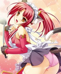 Rule 34 | 1girl, :d, animal ears, apron, ass, bare shoulders, cat ears, cat tail, detached sleeves, fingerless gloves, gloves, highres, koihime musou, kousonsan, ladle, looking back, maid headdress, open mouth, panties, pink hair, ponytail, saeki hokuto, smile, solo, sparkle, tail, trefoil, underwear