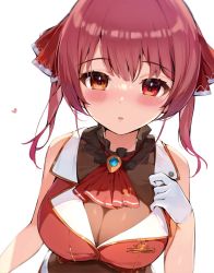 Rule 34 | 1girl, :o, breasts, brown eyes, cleavage, gloves, hana mori, heterochromia, highres, hololive, houshou marine, large breasts, looking at viewer, mouth hold, red eyes, red hair, see-through, see-through cleavage, short hair, simple background, solo, twintails, upper body, virtual youtuber, white background, white gloves