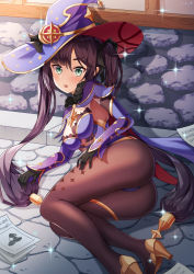 Rule 34 | 1girl, ass, black gloves, black hair, breasts, brown pantyhose, cape, detached sleeves, genshin impact, gloves, gold trim, green eyes, hat, high heels, highres, leotard, long hair, long sleeves, looking at viewer, lu b, lying, mona (genshin impact), on side, open mouth, pantyhose, purple hat, purple leotard, reclining, small breasts, solo, strapless, strapless leotard, thighlet, twintails, very long hair, witch hat