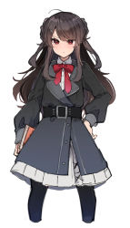 Rule 34 | 1girl, ahoge, belt, black coat, black pantyhose, blush, braid, brown hair, closed mouth, coat, cropped legs, hair ornament, hairclip, hand on own hip, highres, ikeuchi tanuma, long hair, long sleeves, looking at viewer, original, pantyhose, red eyes, simple background, solo, standing, two side up, white background